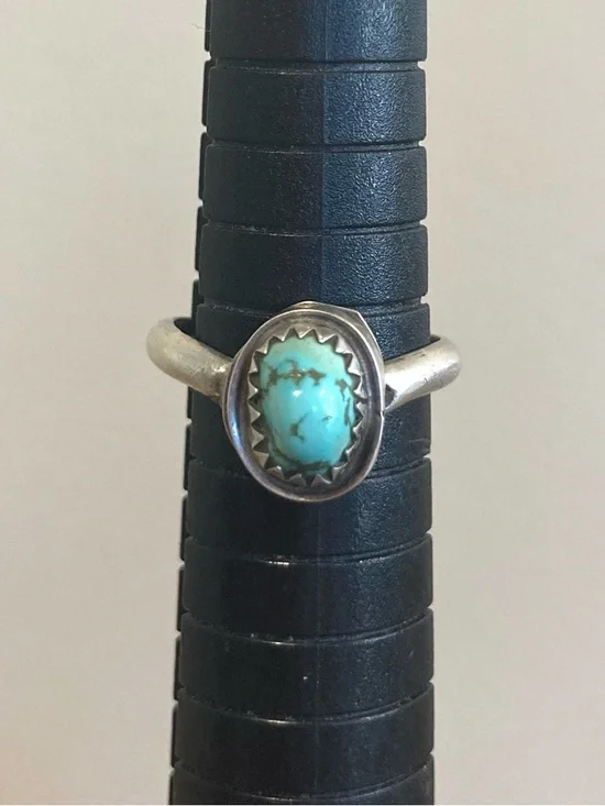 Silver Tone Sawtooth Bezel with Turquoise Colored Stone Ring Approx 5.5 Size - Picture 10 of 14